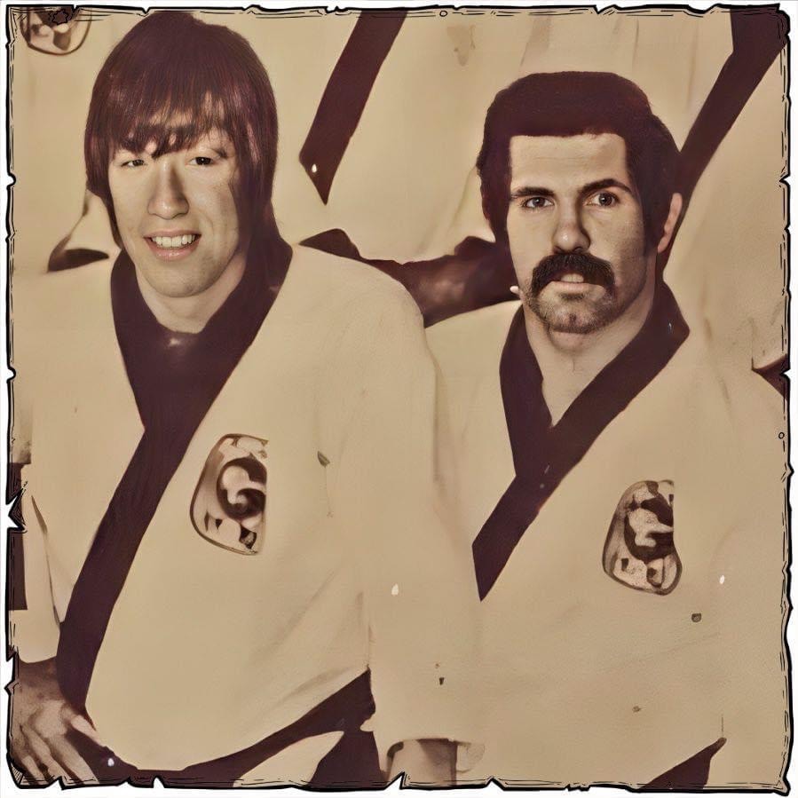 Two martial artists vintage portrait in uniforms